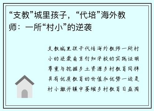 “支教”城里孩子，“代培”海外教师：一所“村小”的逆袭